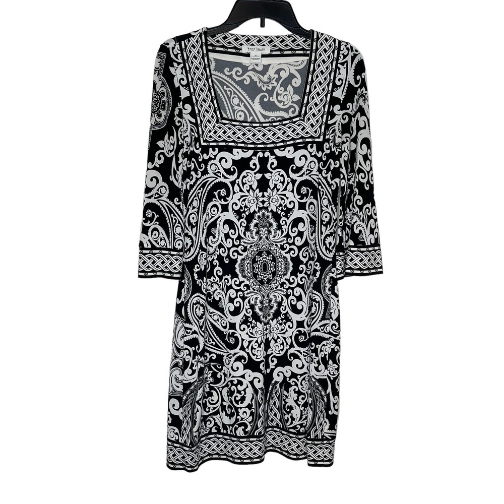White House Black Market Women Dress Paisley Square Neck Stretch Jersey Black XS